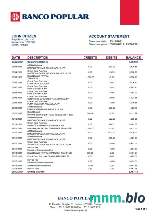 Portugal Banco Popular szablon w formacie excel pdf